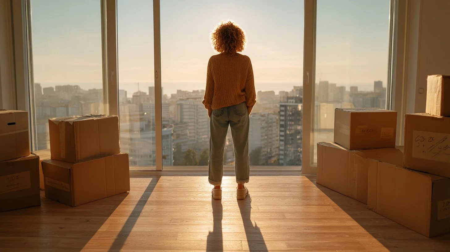 Woman in new apartment with moving boxes