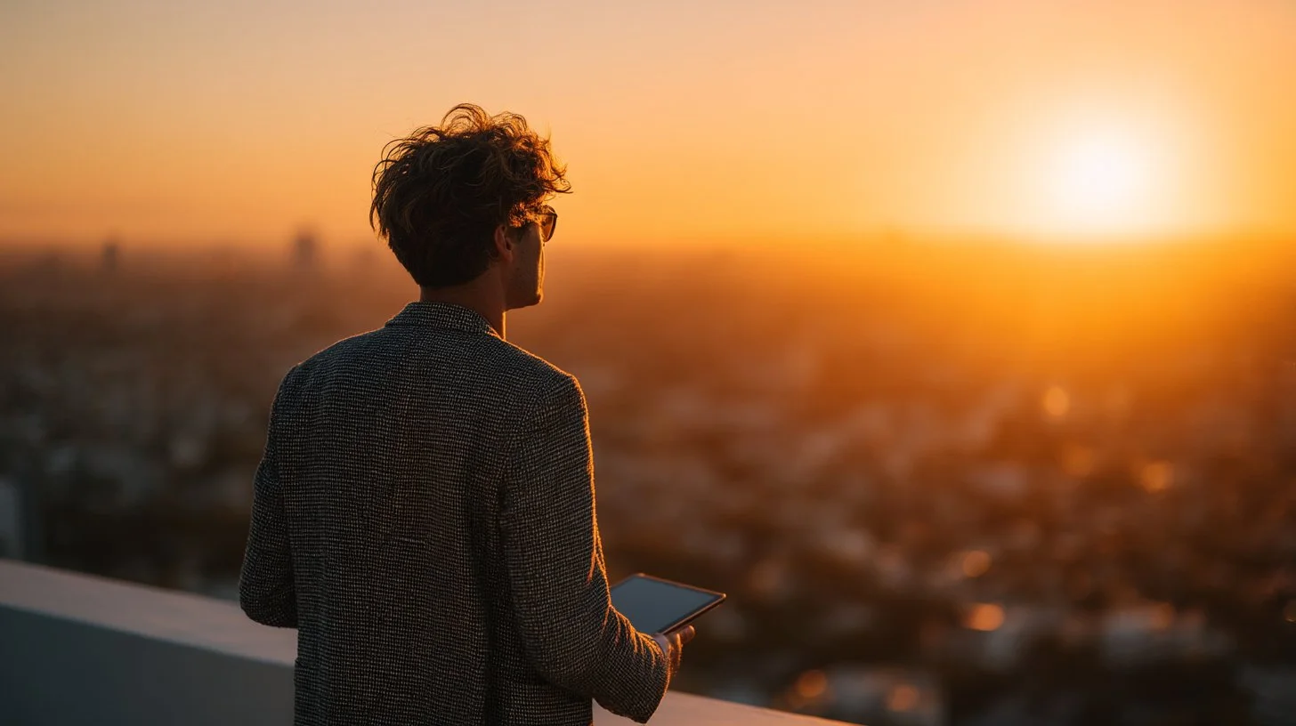 Professional on rooftop at golden hour